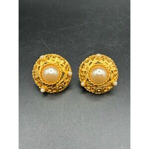 VTG Signed IVANA Trump Gold Plate Blue Rhinestones Faux Pearl Clip On Earrings
